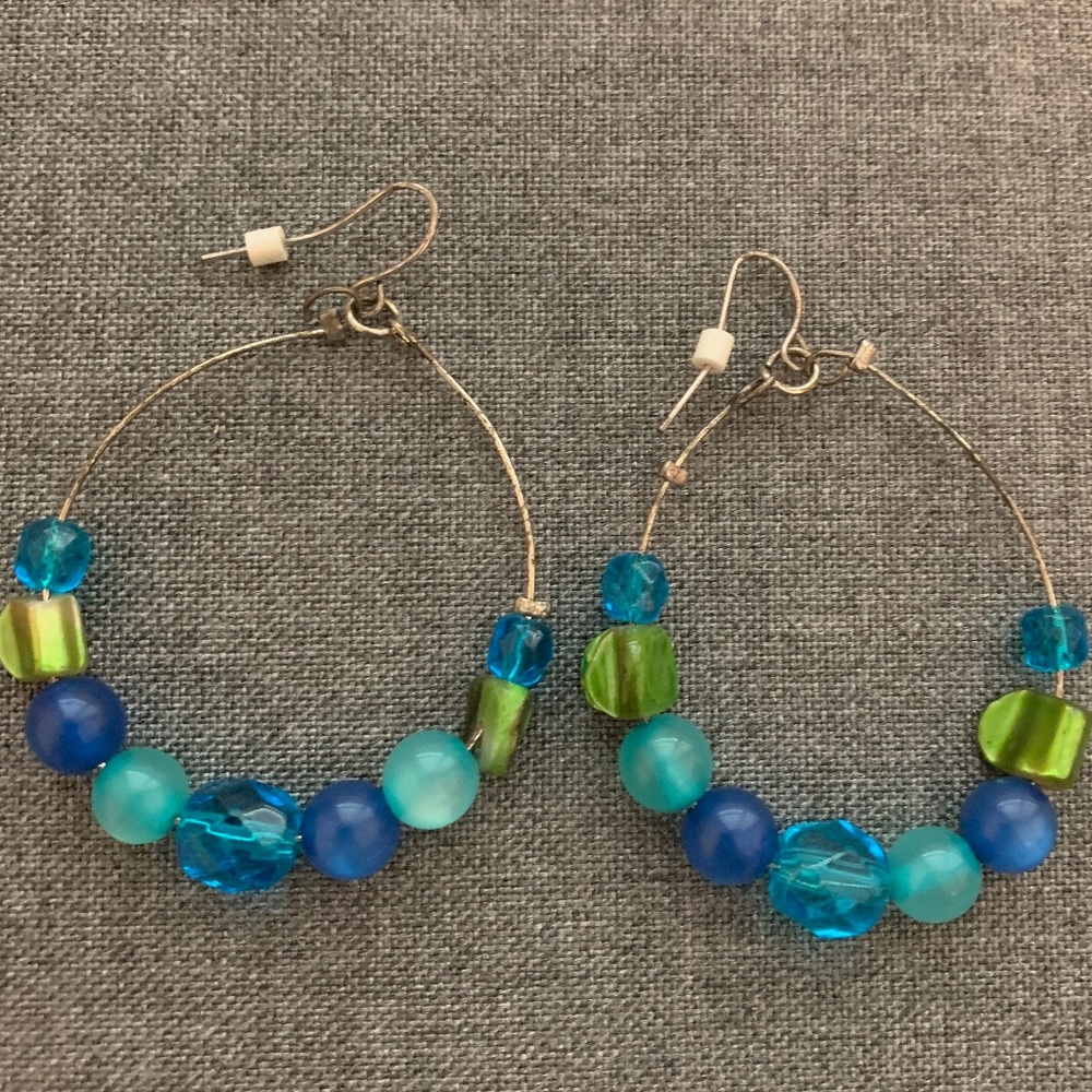 green and blue beaded hood earrings